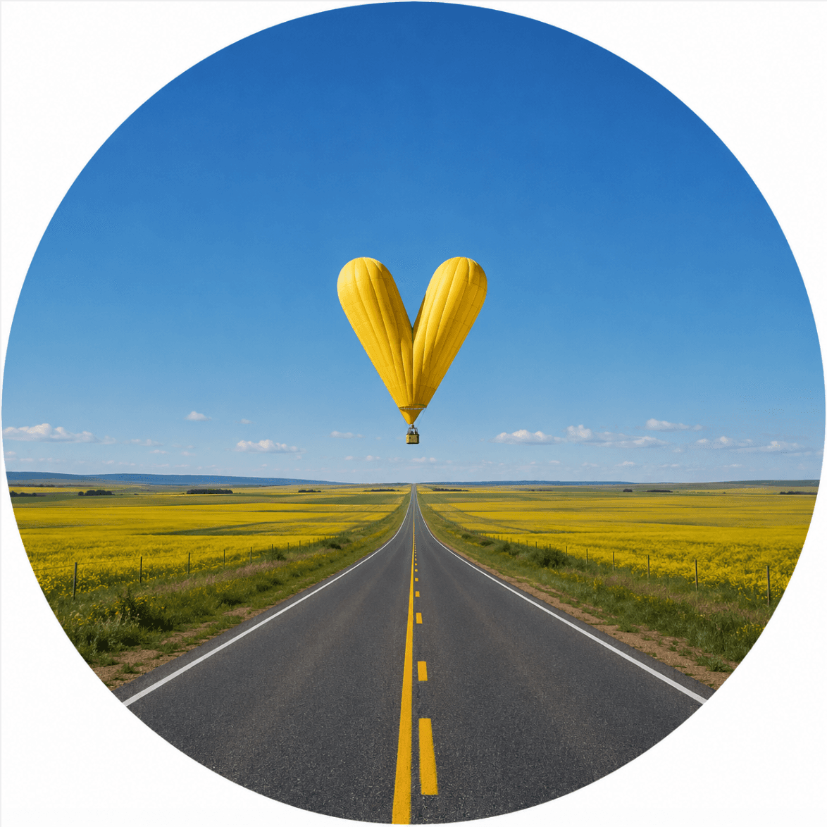 Montgolfière jaune en forme de lettre V au-dessus d'une route de campagne